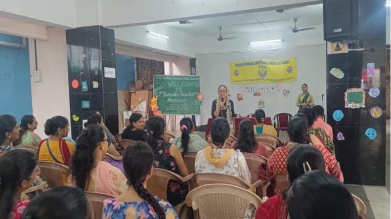 Parents at a parent-teacher meeting at Guru Nanak Mission High School